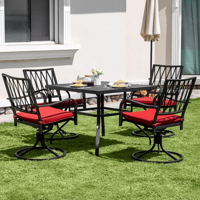 NUU GARDEN 5 Piece Outdoor Dining Set, Outdoor Furniture Set for Square Iron Umbrella Dining Table and 4 Cushioned Swivel Chairs, Black and Red Cushion