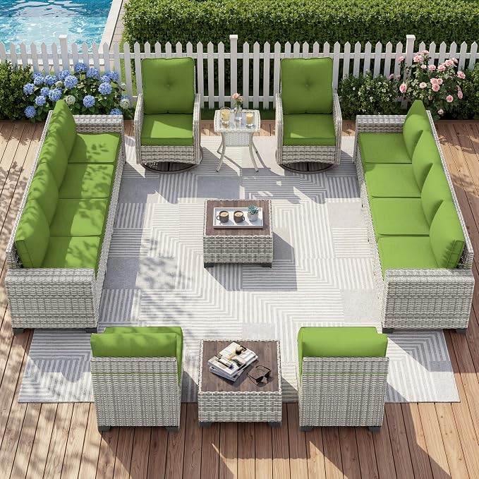 15-Piece Outdoor Patio Furniture Set with Rocking Swivel Chair Wicker Sectional Sofa Set, Patio Conversation Set with Thickened Cushions & Coffee Table for Garden, Backyard, Avocado Green