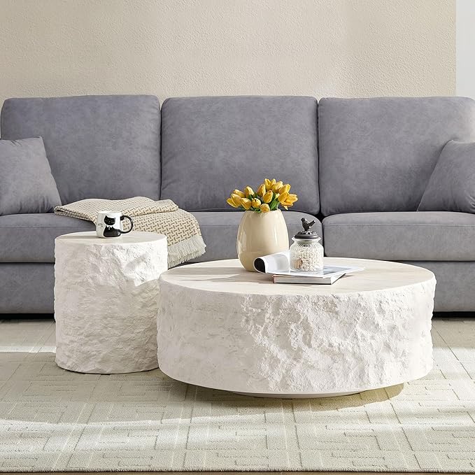 Round Side Table Faux Stone End Table for Living Room Modern Small Coffee Table for Small Space Apartment, No Assembly (Fiberglass-Travertine, 15.75'' x 17.72'')