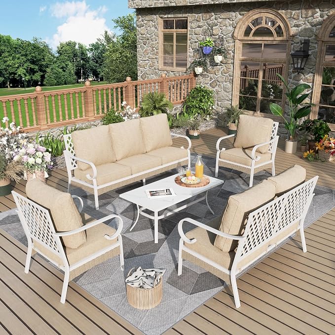 MIXPATIO 5 Piece Patio Furniture Set, 2 x Fixed Chair, 1 x 2-Seat Sofa, 1 x 3-Seat Sofa with Marbling Coffee Table, All Cushioned 7 Seats Outdoor Conversation Set for Lawn Garden Backyard, Beige