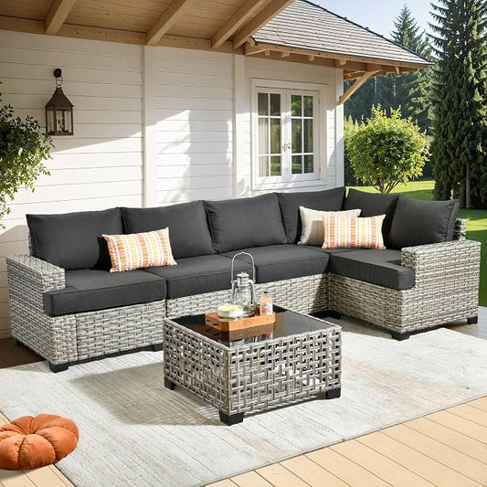 WEAXTY 6 Pieces Patio Furniture Set, Outdoor Sectional Sofa Couch with Solar Coffee Table, All-Weather Outside Furniture Patio Conversation Sets for Backyard Porch Balcony (Black)