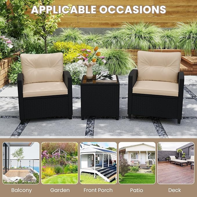 ORALNER 3 Pieces Patio Furniture Set, Wicker Conversation Set Outdoor Chairs with Cushions, Glass Coffee Table, Rattan Bistro Set for Front Porch Balcony Garden Deck Poolside (Khaki)