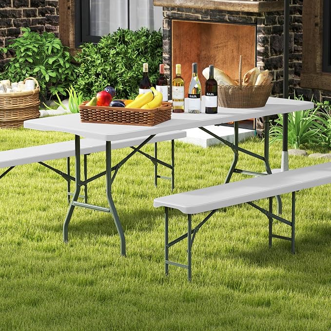 Goplus 6ft Plastic Folding Table, 350 LBS Outdoor Heavy Duty Folding Tables with HDPE Tabletop, Handle, Lock, Foldable Rectangle Portable Utility Card Table for Picnic, Party, Camping, Dining