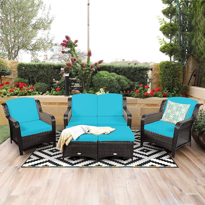 COSTWAY 5PCS Patio Wicker Rattan Furniture Set, Loveseat Sofa with Ottomans and Cushioned Chairs, Conversation Sets for Outdoor Garden Backyard