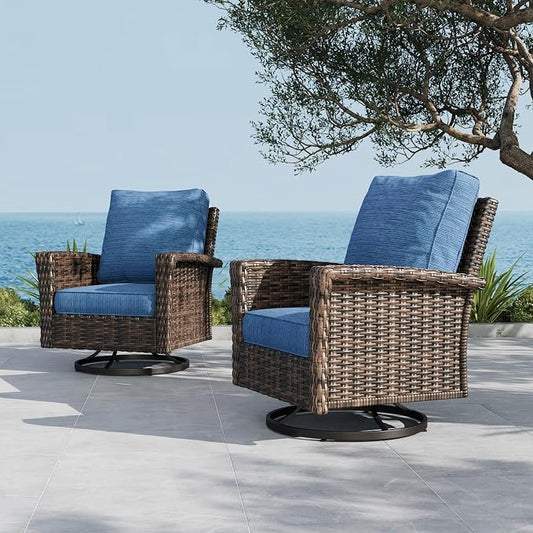 SUNSHINE VALLEY Patio Wicker Swivel Chairs Set of 2, Outdoor High Back Chairs with 5.5" Waterproof Cushions, Outdoor Furniture Set for Deck Porch and Yard, Blue
