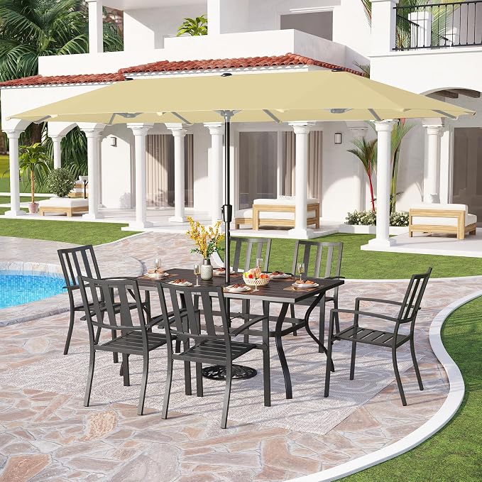 PHI VILLA 7 Pcs Patio Dining Set w/Umbrella, 6 Stackable Chairs | 60” Rectangular Metal Dining Table & 6 Stackable Metal Chairs & 13ft Large Beige Umbrella for Outdoor, Deck, Yard, Porch