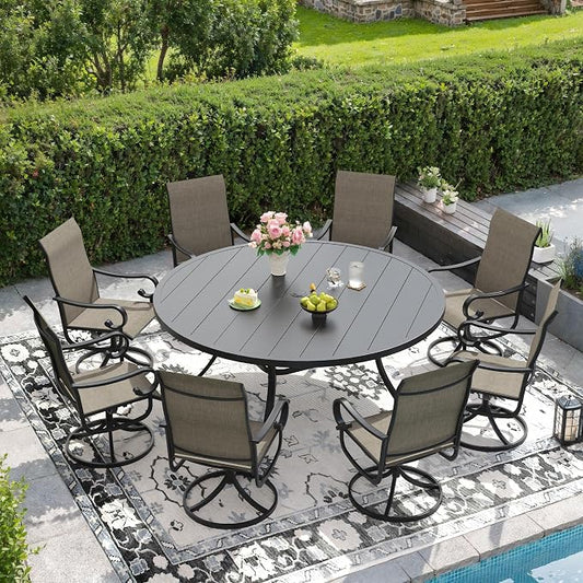 DIFY 9 Pieces Outdoor Dining Set for 8, Outdoor Furniture Set of 8 Brown Textilene Swivel Patio Chairs, 60" Black Round Metal Dining Table with Umbrella Hole, for Garden Deck Backyard