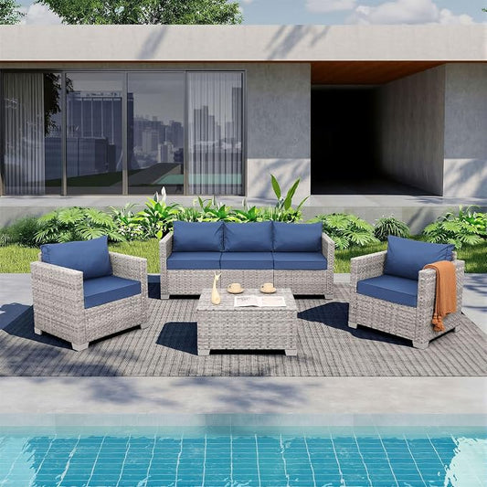 WAROOM Patio Furniture Set 4 Piece Outdoor Wicker Conversation Sets PE Rattan Couch Sectional Sofa with Storage Table, Navy Blue Cushion