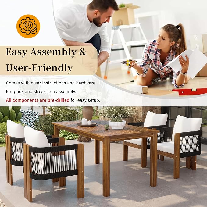 5-Piece Acacia Wood Outdoor Dining Set for 4 – Farmhouse Patio Furniture with Rope Woven Chairs & Cushions – Adjustable Legs for Uneven Surfaces (Black,Brown16)