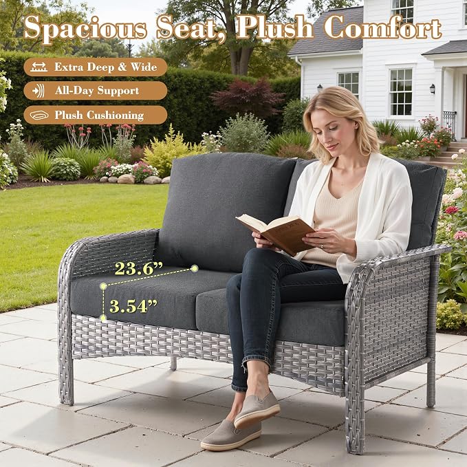6 Pieces Patio Furniture Set, All-Weather Rattan Wicker Outdoor Furniture Loveseat Chairs with Coffee Table, High Back Conversation Set for Porch, Backyard, Balcony, Black