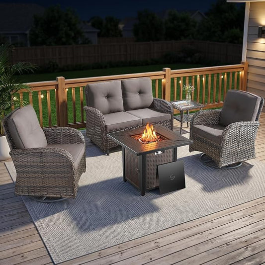 5 Piece Patio Furniture Set with Fire Pit Table - Wicker Patio Conversation Set with Swivel Glider, Glider Loveseat, Tempered Glass Side Table for Deck Backyard - Brown Wicker Grey Cushion