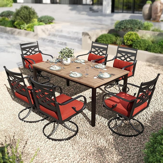 PHI VILLA Patio Dining Set, Swivel Chairs, Metal Table | Metal chairs, Red Cushion, Umbrella Hole, Cushions, E-coated