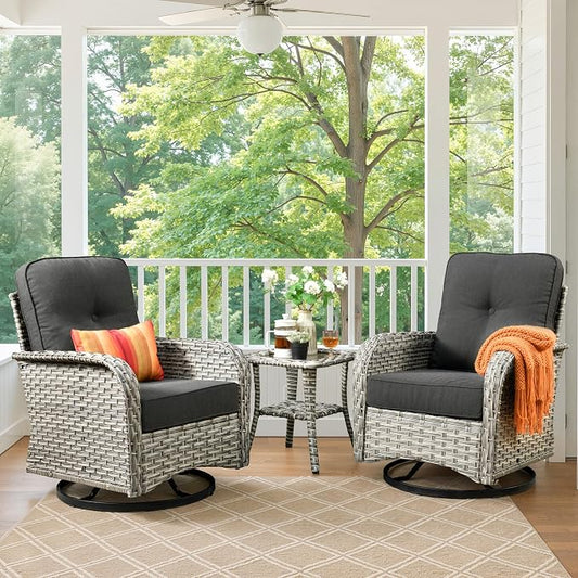 Swivel Patio Chairs Set of 2, Outdoor Wicker Rocker Glider Chair with Coffee Table, Modern Comfy Patio Furniture Sets for Porch Balcony Sunroom, Black