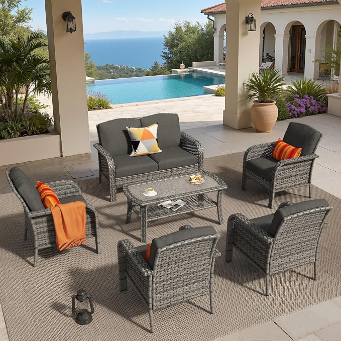 6 PCS Outdoor Patio Furniture Set with Glass Table, All-Weather Rattan Wicker Outdoor Conversation Set with Thickened Cushions for Balcony Backyard Garden Lawn,Black