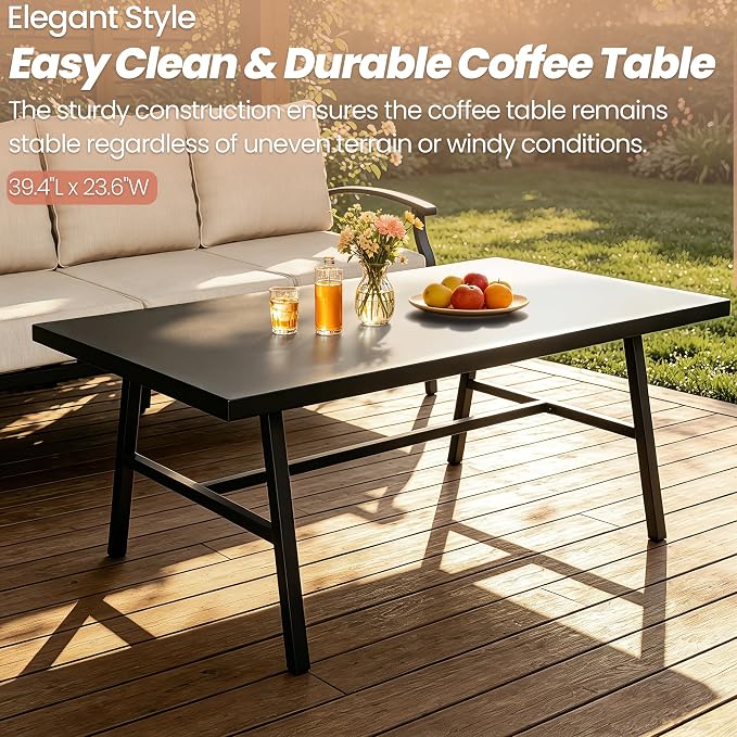 Metal Patio Furniture Set, 4 Piece Outdoor Sectional Conversation Sofa Set, 3-Seat Sofa w/2 Single Sofas and Coffee Table, Garden, Porch, Balcony, Deck, Sand