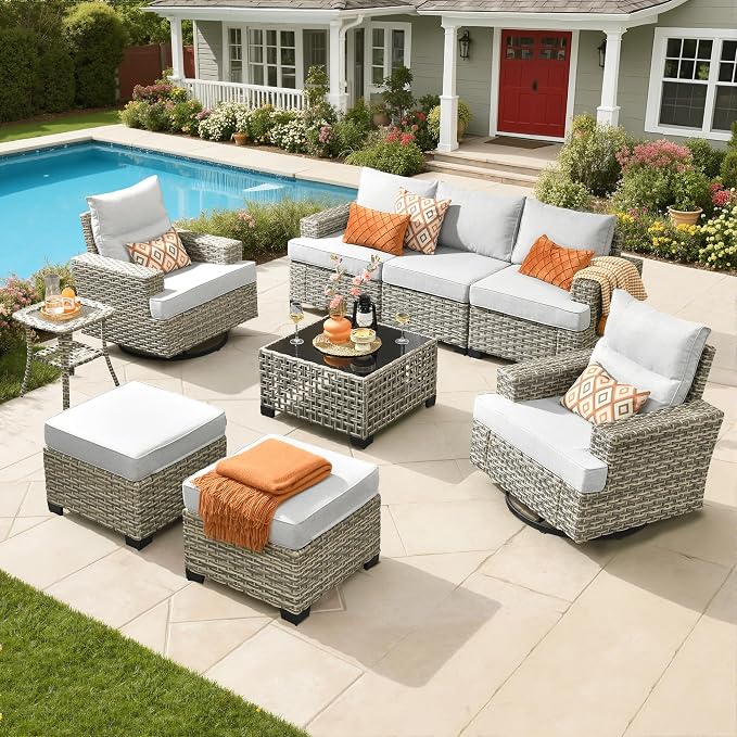 Wicker Patio Furniture Set with Swivel Chairs,9 Pieces Outdoor Sectional with Ottoman Glowing Coffee Table,Out Door Furniture Conversation Set,Light Grey