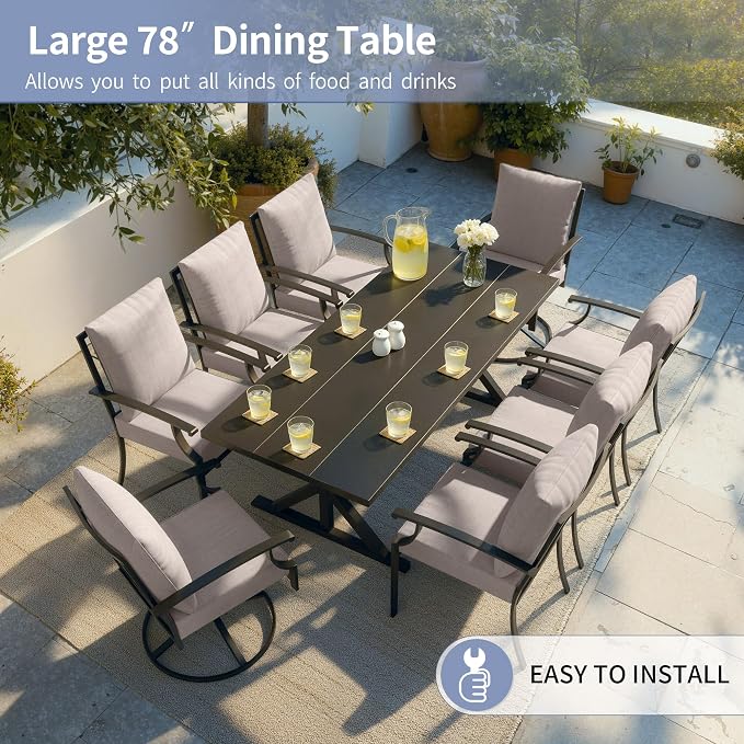 Kullavik 9 Pieces Outdoor Dining Set,Patio Dining Table and Chairs Set for 8,Fence Pattern Back Chairs with Thickened Cushions & X-Frame Metal Dining Table with Umbrella Hole for Patio,Sand