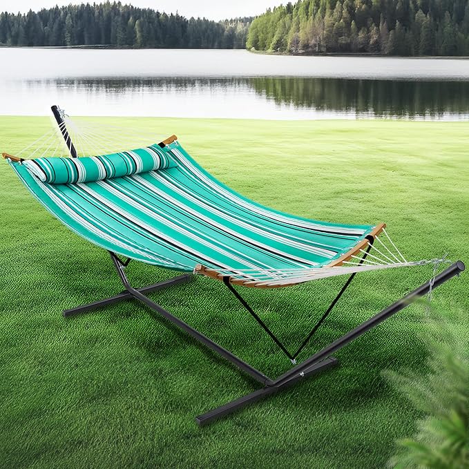 SUPERJARE Hammock with Stand, 2 Person Heavy Duty Hammock with Padded Cotton, Detachable Pillow & Strong Curved-Bar & Portable Carrying Bag, Perfect for Outdoor & Indoor, Mint Green with Stripes