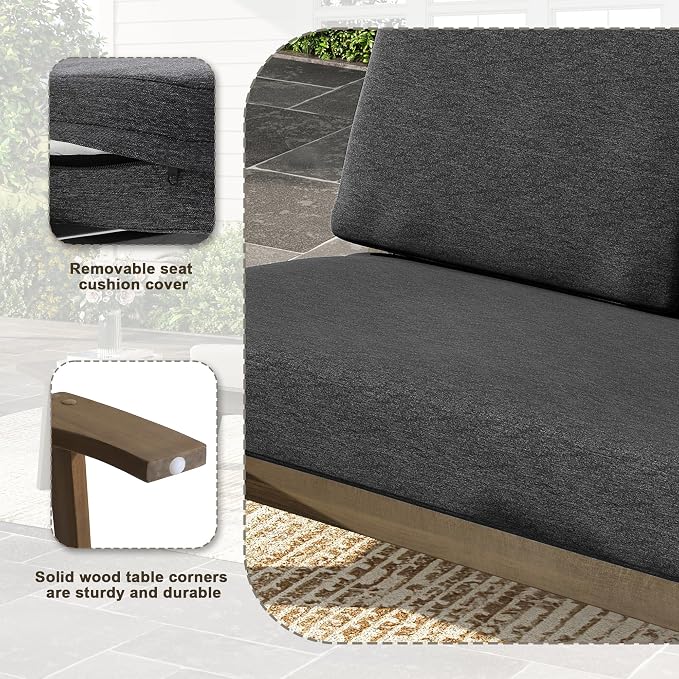 Wood Patio Furniture Sets, 3 Pieces All Weather Patio Loveseat Sofa Outdoor Sectional Futniture Backyard Conversation Set with Solid Wooden Coffee Table - Dark Gray
