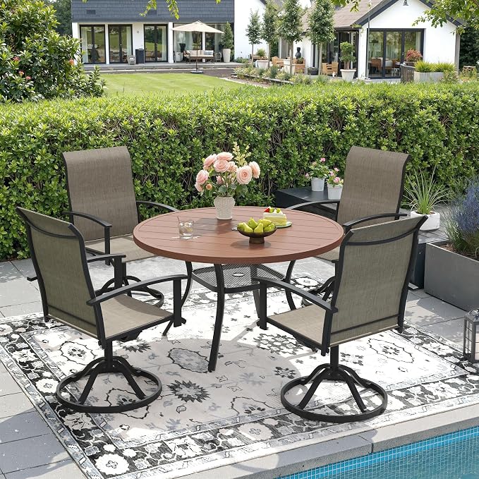 DIFY 5 Pieces Outdoor Dining Set for 4, 40.6" Walnut Round Metal Table with Umbrella Hole and Brown Textilene Swivel Patio Chairs, Patio Table and Chairs Set for Garden, Backyard, Poolside