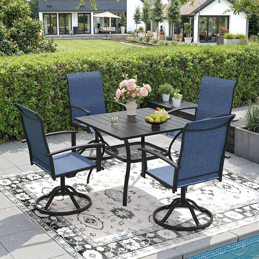 DIFY 5 Pieces Outdoor Dining Set, Metal Patio Table and Chairs Set for 4 with Umbrella Hole, 37.8" Black Square Table and Blue Textilene Swivel Patio Chairs for Garden, Backyard, Poolside