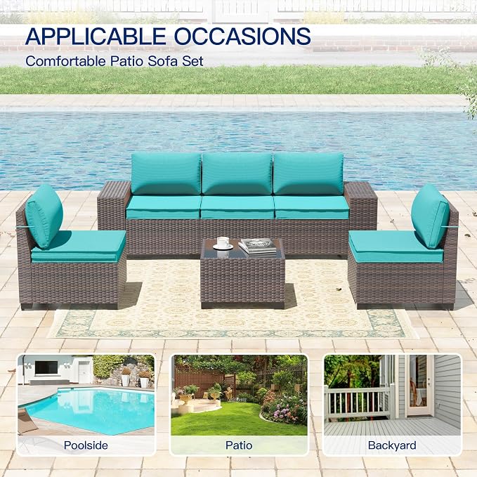 6 Pieces Patio Furniture Sets with Glass Tea Table,PE Rattan Wicker Patio Conversation Set with Washable Cushions,Outdoor Patio Sectional Furniture Set for Backyard, Poolside, Garden,Blue