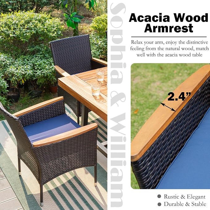 Sophia & William 5 Pieces Patio Dining Set for 4 People, Patio Table and Rattan Chairs Set, Square Metal Outdoor Table and Wicker Chairs, 1.57" Umbrella Hole, Seat Cushions