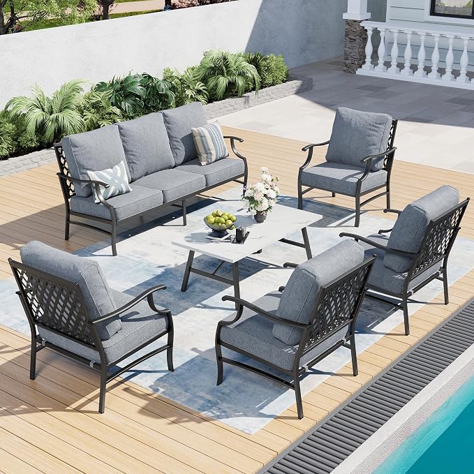 SUNSHINE VALLEY 6 Piece Metal Outdoor Patio Furniture Set, Patio Conversation Sets 1 3-Seater Sofa, 4 Fixed Chairs with 5.75" Thick Cushion and Coffee Table, Backyard Furniture Set for Deck, Gray