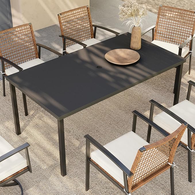 LAUSAINT HOME Outdoor Dining Table for 6, Rectangular Table with Umbrella Hole, Weather Resistant Heavy Duty Metal Frame Table for Lawn Garden Backyard, L63 xW37 xH29