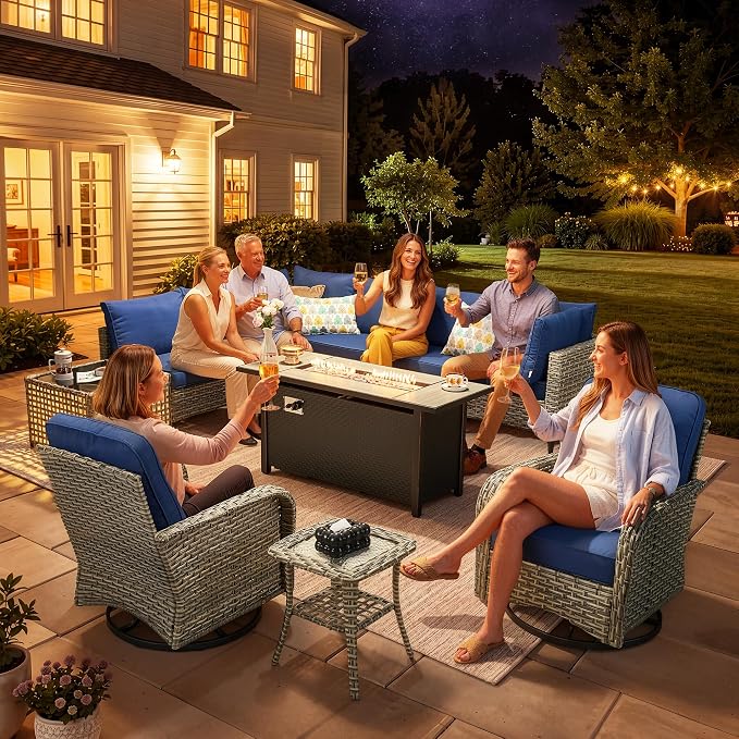 CAODOC 11-Piece Outdoor Sectional Sofa Set w/ 54" Fire Pit – L-Shaped Wicker Patio Furniture, Deep Seating & Swivel Rockers,Blue