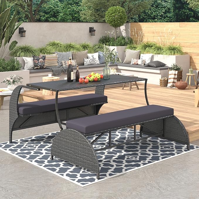 Convertible Bench Table Outdoor, 57.1" 2-in-1 Outdoor Loveseat Transforms to 4-Seat Folding Picnic Table, HDPE Wicker Iron Frame Portable Patio Furniture for Garden Backyard Lawn, Gray