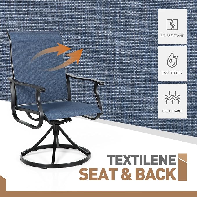 Crownland Outdoor Swivel Dining Chair Set of 2, All Weather 360° Swivel Rocking High Back Model Patio Dining Chairs, Textilene Fabric Wrought Iron Chair Set for Backyard, Lawn, Garden(Blue)
