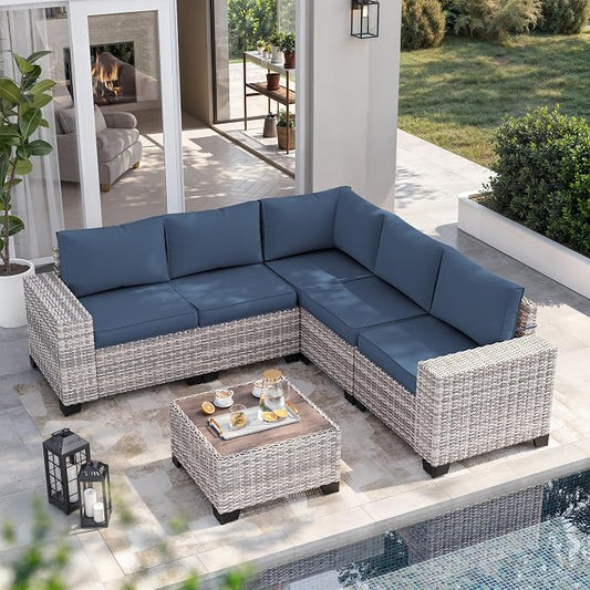 6-Piece Outdoor Patio Furniture Set Wicker Rattan Sectional Sofa Set, Patio Conversation Set with Thickened Cushions & Coffee Table for Garden, Backyard, Navy Blue