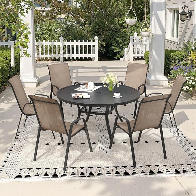 7 Pieces Outdoor Dining Set, 47.2" Round Table with Umbrella Hole & Stackable Patio Dining Chairs, Patio Table and Chairs Set for Deck Garden Porch, Brown Chairs & Black Table