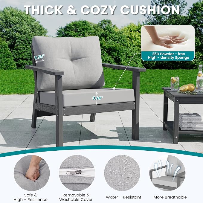 7-Piece HDPE Patio Furniture Set, Outdoor Sectional Sofa Set,All Weather Outdoor Couch with Dust-Free Cushions, Durable Patio Conversation Sets for Balcony, Porch, Gray