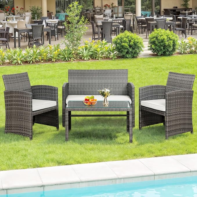 SUNLEI Patio Furniture Set 4 Piece Outdoor Furniture Set, PE Rattan Wicker Patio Conversation Set with Cushions & Glass Coffee Table, Backyard Patio Seating for Balcony Porch Garden Poolside, White