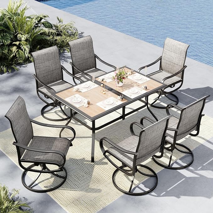 MFSTUDIO Patio Dining Set for 6, Patio Table and Chairs Set of 6 with Umbrella Hole, Outdoor Dining Set for Deck/Yard/Garden/Poolside