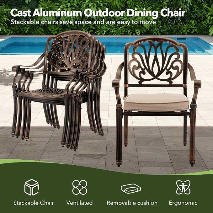5-Piece Cast Aluminum Outdoor Table and Chairs, Classic Vintage Patio Dining Set for 4 Include 54.5" Round Dining Table and 4 Chairs with Removable Cushion and Umbrella Hole