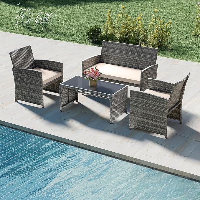 Tangkula 4 Piece Patio Wicker Furniture Set, Outdoor Heavy Duty Rattan Cushioned Chairs, Loveseat and Tempered Glass Coffee Table, for Backyard, Balcony, Poolside