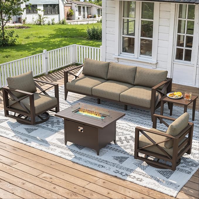 Aluminum Patio Furniture Set with Oversized Fire Pit Table, 7-Piece All-Weather Outdoor Conversation Set with Swivel Rocking Chairs, Oversized Modern Sofa for Backyard, Deck, Balcony-Brown