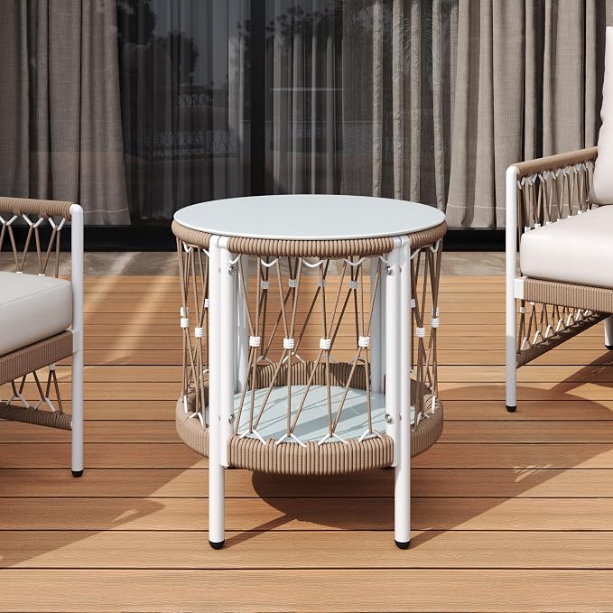 IRONORA 2-Tier PE Wicker Round Patio Side Table, Outdoor Rattan End Table with White Metal Frame & Tempered Glass Storage Shelf, Weather Resistant Accent Table for Balcony Backyard Porch