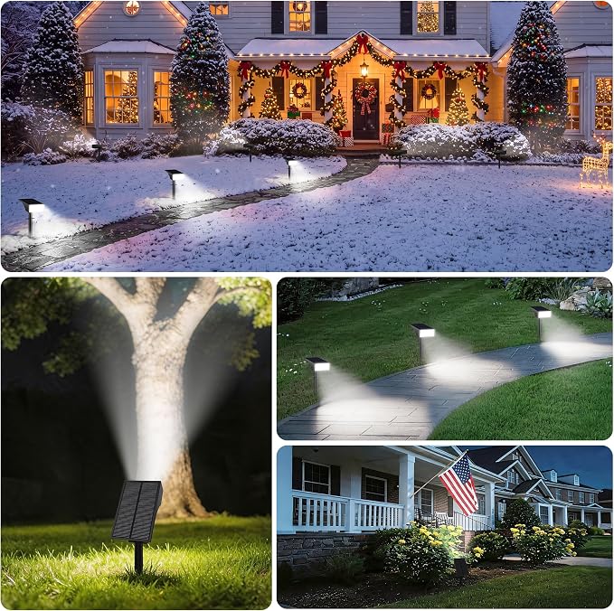 Solar Spot Lights Outdoor Waterproof with Power Display, 2 Pack Cool White | IP65, 4-Level Battery Indicator, 4 Modes Auto On/Off,2-in-1 Mount, for Yard Garden Pathway Walkway Tree Patio Driveway