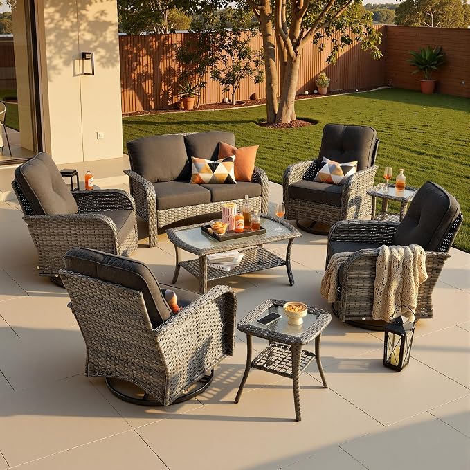 8-Piece Patio Furniture Set, Outdoor Wicker Furniture with Coffee Table, High Back Swivel Rocker Patio Chairs, Modern Rattan Outdoor Chairs Conversation Set for Porch, Balcony, Garden, Black