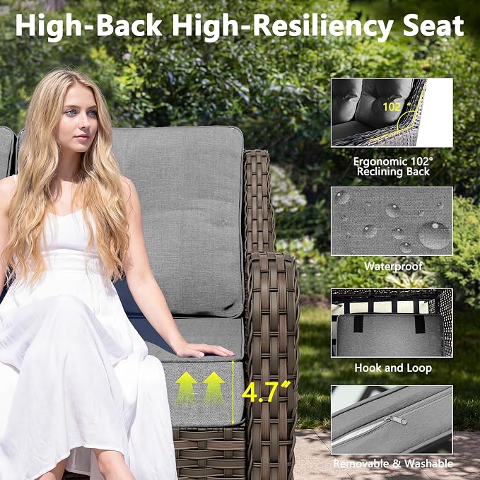 Gotland 7-Pcs Patio Conversation Set, Outdoor Thick Wicker Sectional Sofas with 2 Swivel Rocker Chairs, High Back Sectional Couch, Outdoor Furniture Set for Backyard, Deck, Porch, Grey