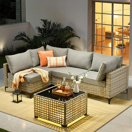 Outdoor Sectional Patio Furniture Set,5 Pieces Rattan Wicker Conversation Sets L Shaped Couch,Outside Furniture with Glowing Coffee Table,Dark Grey