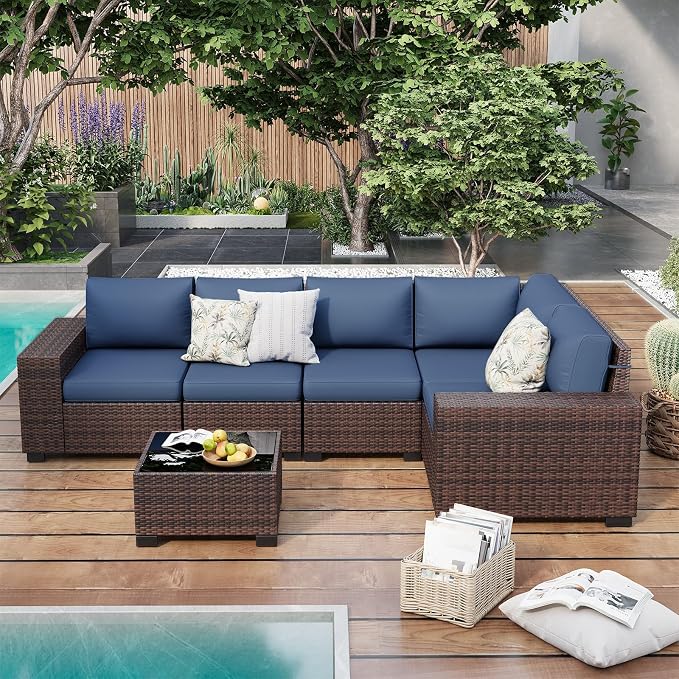 Outdoor Patio Furniture Set, 8'' Wide armrest Outdoor Sectional Rattan Sofa Set, Wicker Patio Furniture Sets w/Coffee Table,Thick Cushions and Cover for Porch, Balcony,Deck 6 PCS(Brown&Navy)
