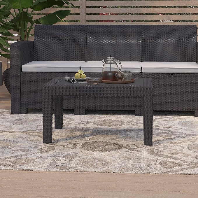 Merrick Lane Malmok Outdoor Furniture Patio Table - Dark Gray Faux Rattan Wicker Pattern Coffee Table - All-Weather Use - Wood Plank Top Design