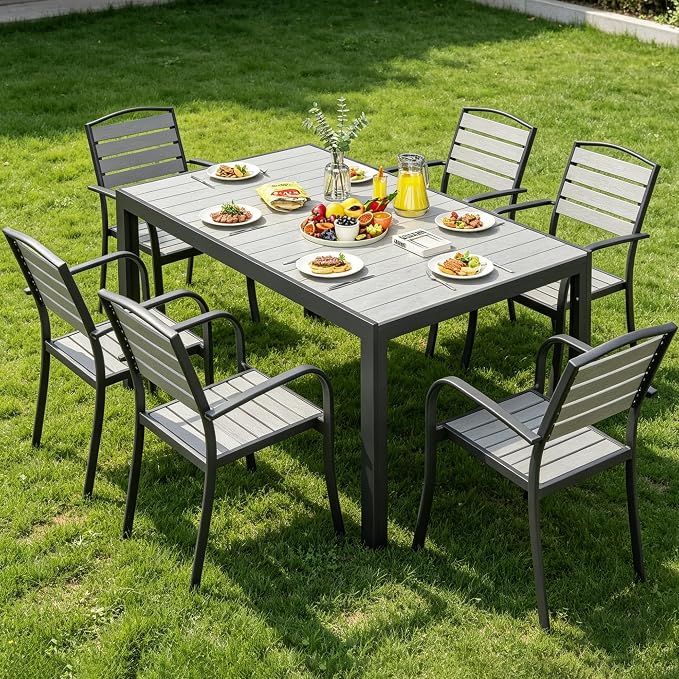 ALBAD 59" Rectangular Outdoor Dining Table for 6 Peolpe, Wood Grain Top | Waterproof HDPE Tabletop on Powder-coated Aluminum Frame. All-weather Patio Table for Garden, Backyard, Deck & Porch.