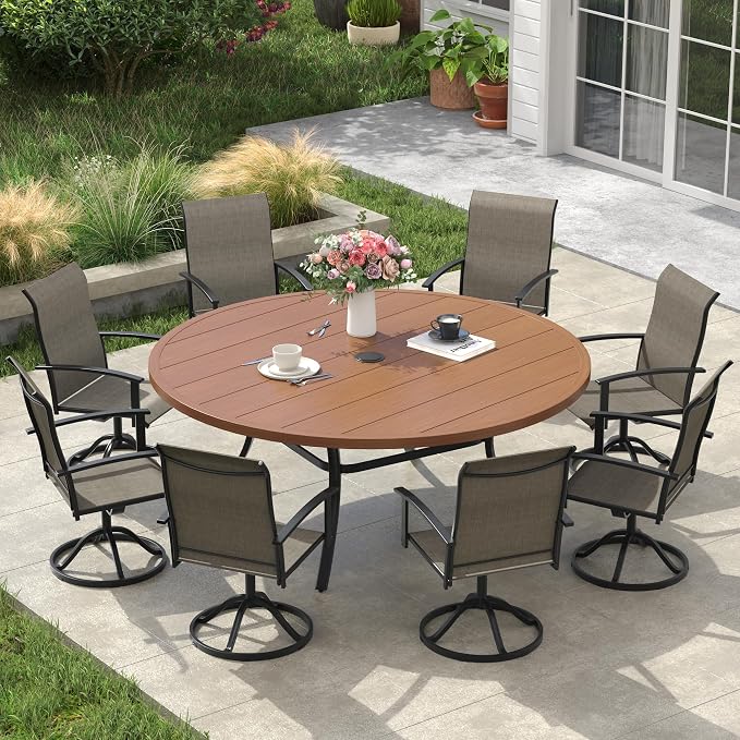 VICLLAX Outdoor Table and Chairs Set for 8, Patio Dining Set of 60 Metal Round Patio Table with Umbrella Hole & 8 Swivel Outdoor Dining Chairs for Backyard Lawn, Mixed Brown & Walnut