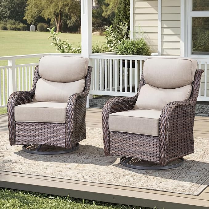 Luxury Wicker Patio Furniture Set-High Back Outdoor Swivel Chairs Set of 2 with 6" Thick Cushions Wide Armrest All Weather Patio Conversation Sets for Deck Porch Balcony(Brown/Beige)